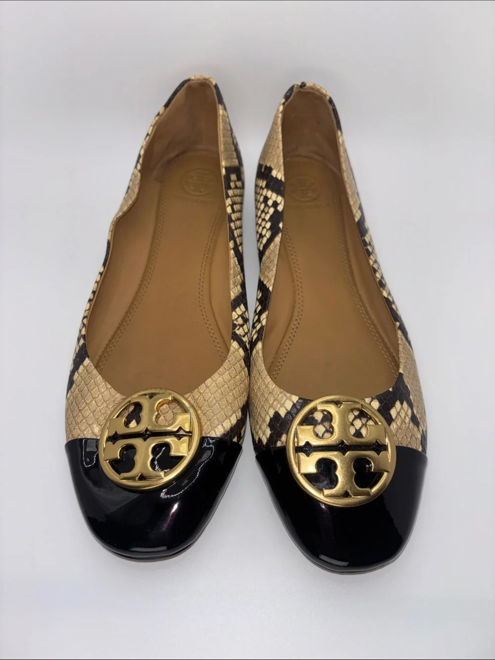 Tory Burch Black Patent & Beige Snake-Print Logo Ballet Flats